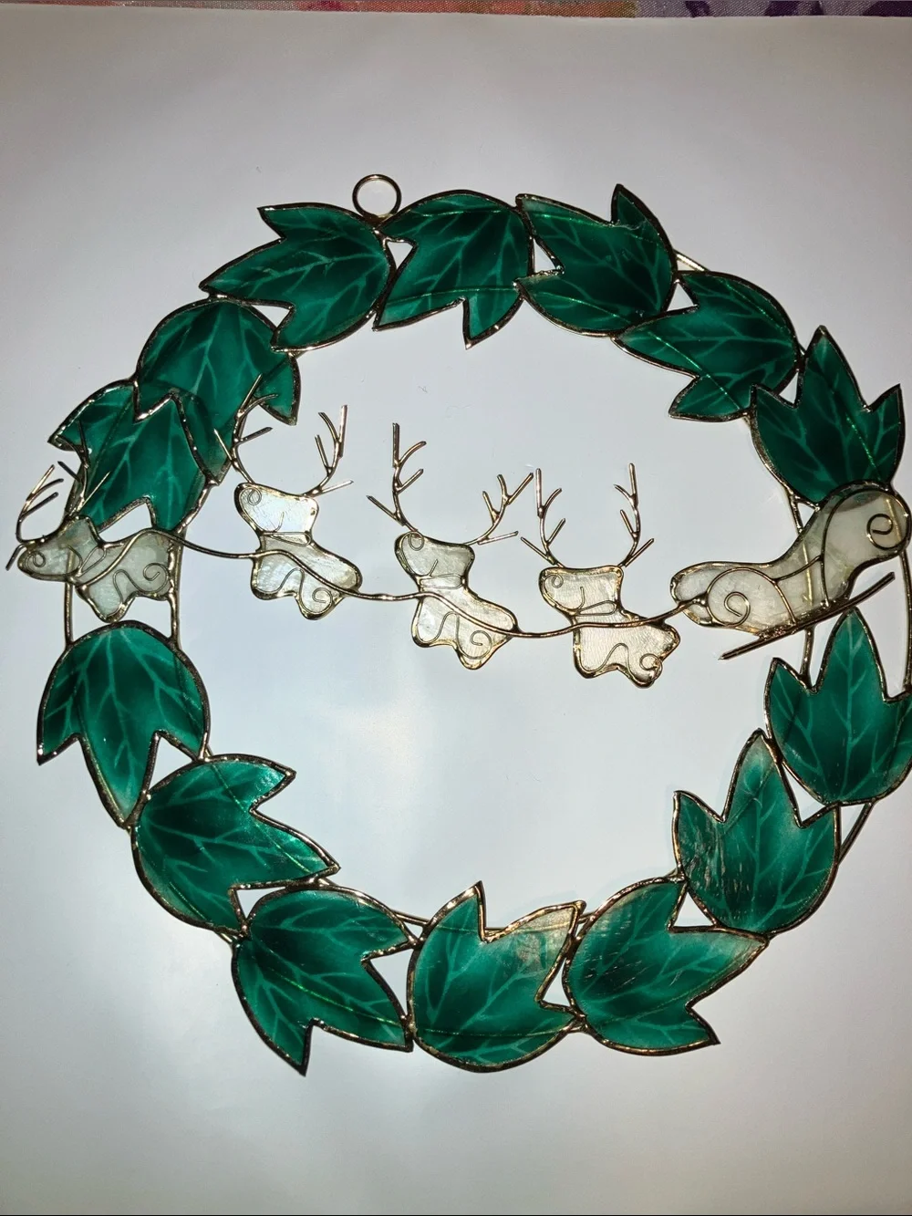 Capiz Shell Vintage Green Leaf Wreath with Gold Reindeer Garland 7”